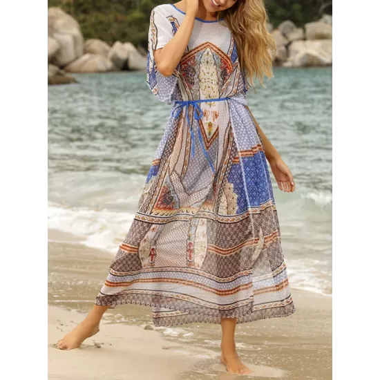 Vintage Print Loose Bat Sleeves See-Through Cover-Ups Tops Vintage Print Loose Bat Sleeves See-Through Cover-Ups Tops