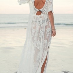 Short Sleeve Split-Side Backless Lace Cover-Up Swimwear