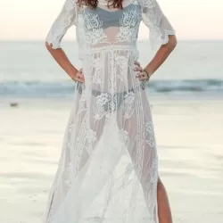 Short Sleeve Split-Side Backless Lace Cover-Up Swimwear