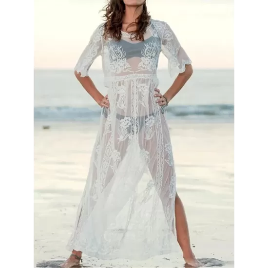 Short Sleeve Split-Side Backless Lace Cover-Up Swimwear Short Sleeve Split-Side Backless Lace Cover-Up Swimwear