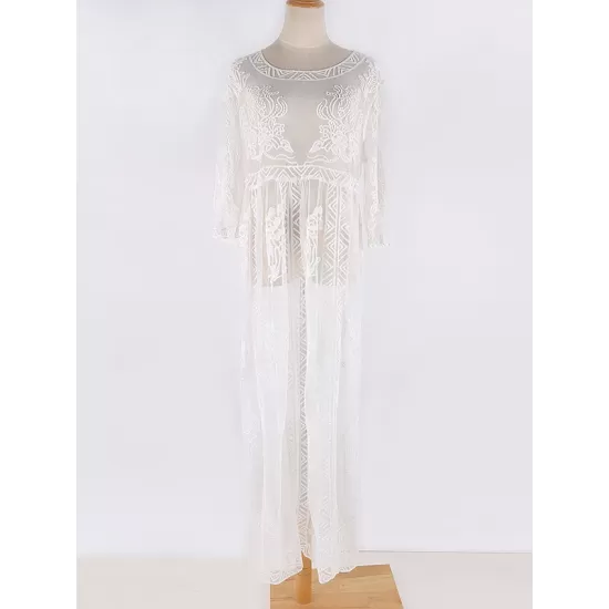 Short Sleeve Split-Side Backless Lace Cover-Up Swimwear Short Sleeve Split-Side Backless Lace Cover-Up Swimwear