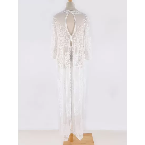 Short Sleeve Split-Side Backless Lace Cover-Up Swimwear Short Sleeve Split-Side Backless Lace Cover-Up Swimwear