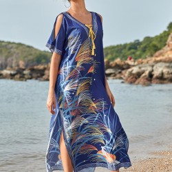 Off-The-Shoulder Floral Bandage V-Back Split-Side Cover-Up Swimwear