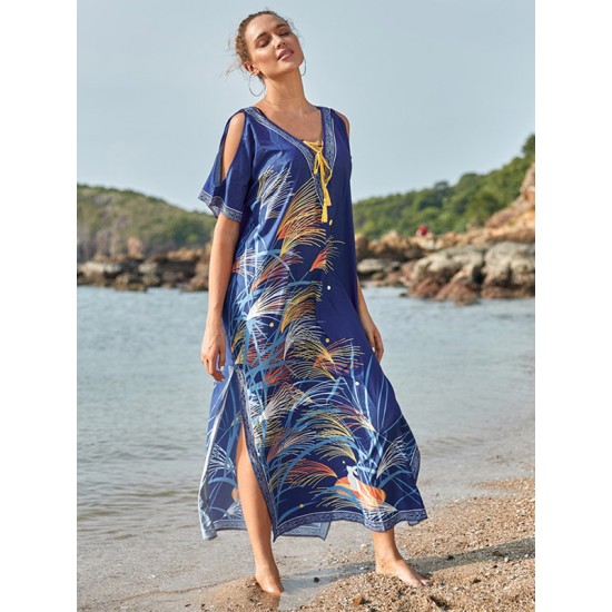 Off-The-Shoulder Floral Bandage V-Back Split-Side Cover-Up Swimwear Off-The-Shoulder Floral Bandage V-Back Split-Side Cover-Up Swimwear
