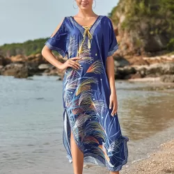 Off-The-Shoulder Floral Bandage V-Back Split-Side Cover-Up Swimwear