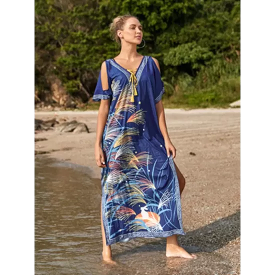 Off-The-Shoulder Floral Bandage V-Back Split-Side Cover-Up Swimwear Off-The-Shoulder Floral Bandage V-Back Split-Side Cover-Up Swimwear