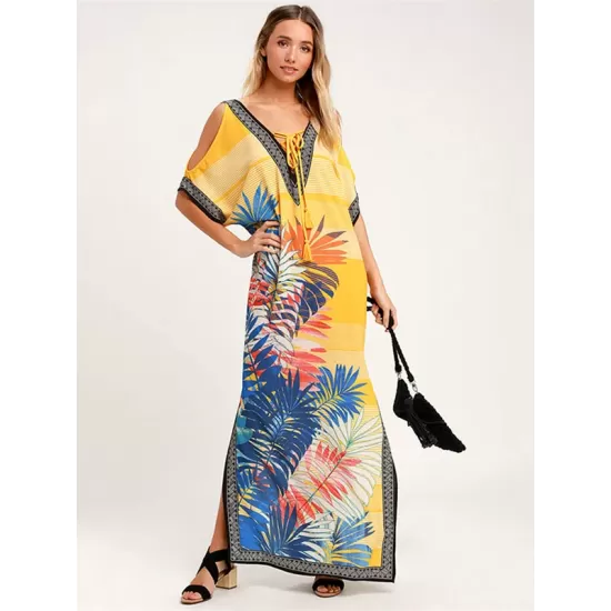 Off-The-Shoulder Floral Bandage V-Back Split-Side Cover-Up Swimwear Off-The-Shoulder Floral Bandage V-Back Split-Side Cover-Up Swimwear