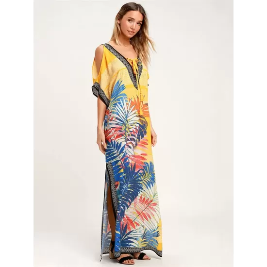 Off-The-Shoulder Floral Bandage V-Back Split-Side Cover-Up Swimwear Off-The-Shoulder Floral Bandage V-Back Split-Side Cover-Up Swimwear