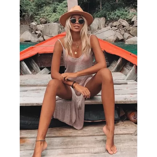 Spaghetti-Neck Hollow Split-Side See-Through Backless Cover-Up Swimwear Spaghetti-Neck Hollow Split-Side See-Through Backless Cover-Up Swimwear