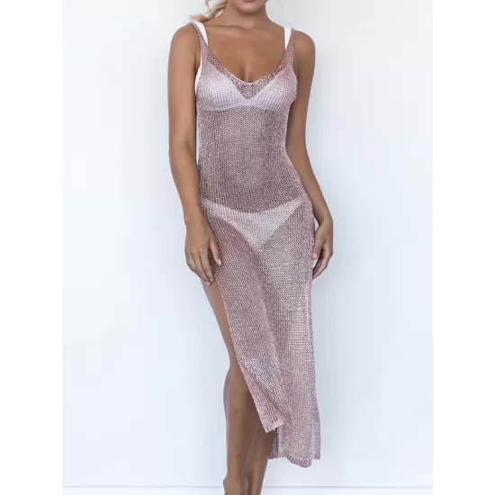 Spaghetti-Neck Hollow Split-Side See-Through Backless Cover-Up Swimwear Spaghetti-Neck Hollow Split-Side See-Through Backless Cover-Up Swimwear
