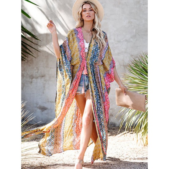 Ethnic Printed Sun Protection Cover-Ups Tops Ethnic Printed Sun Protection Cover-Ups Tops
