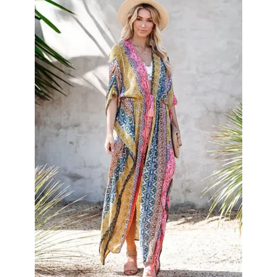 Ethnic Printed Sun Protection Cover-Ups Tops Ethnic Printed Sun Protection Cover-Ups Tops