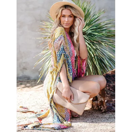 Ethnic Printed Sun Protection Cover-Ups Tops Ethnic Printed Sun Protection Cover-Ups Tops
