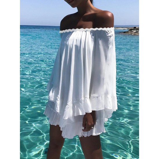 Loose Lacy Solid Color One-Shoulder Beach Mini Dresses Loose Lacy Solid Color One-Shoulder Beach Mini Dresses