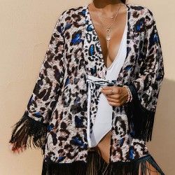 Leopard Printed Tasseled Loose Cover-Up Top