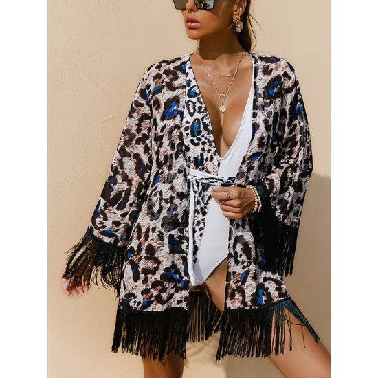 Leopard Printed Tasseled Loose Cover-Up Top Leopard Printed Tasseled Loose Cover-Up Top