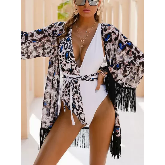 Leopard Printed Tasseled Loose Cover-Up Top Leopard Printed Tasseled Loose Cover-Up Top
