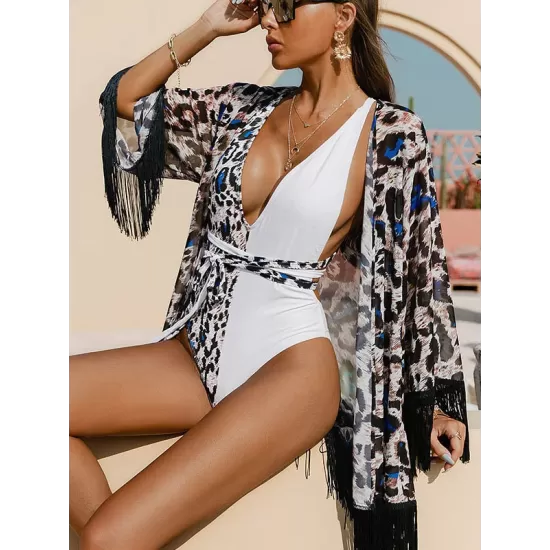 Leopard Printed Tasseled Loose Cover-Up Top Leopard Printed Tasseled Loose Cover-Up Top