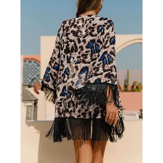 Leopard Printed Tasseled Loose Cover-Up Top Leopard Printed Tasseled Loose Cover-Up Top