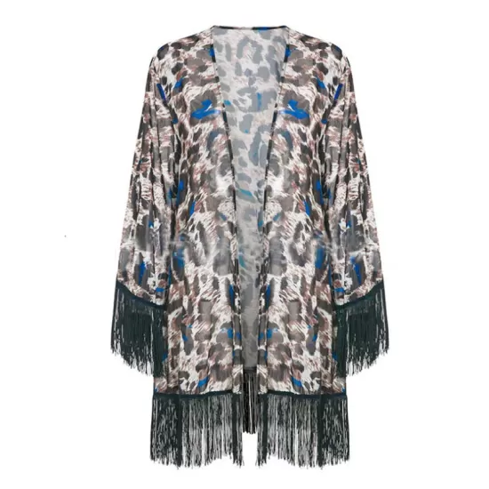 Leopard Printed Tasseled Loose Cover-Up Top Leopard Printed Tasseled Loose Cover-Up Top