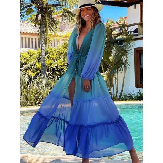 Long Sleeves Loose Bandage Color-Block Deep V-Neck Cover-Ups Swimwear Long Sleeves Loose Bandage Color-Block Deep V-Neck Cover-Ups Swimwear