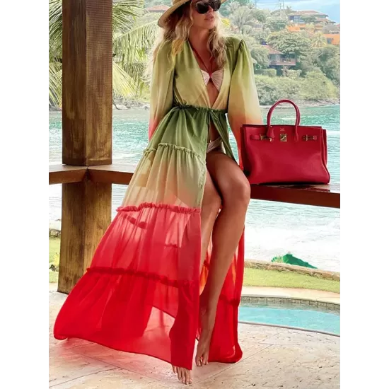 Long Sleeves Loose Bandage Color-Block Deep V-Neck Cover-Ups Swimwear Long Sleeves Loose Bandage Color-Block Deep V-Neck Cover-Ups Swimwear