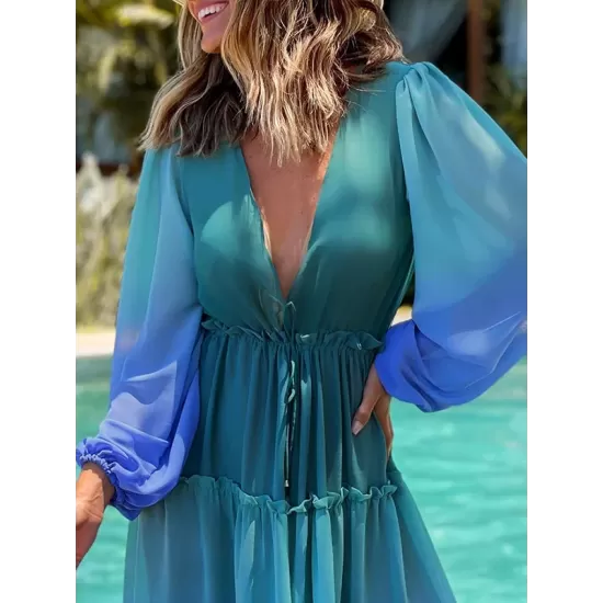 Long Sleeves Loose Bandage Color-Block Deep V-Neck Cover-Ups Swimwear Long Sleeves Loose Bandage Color-Block Deep V-Neck Cover-Ups Swimwear