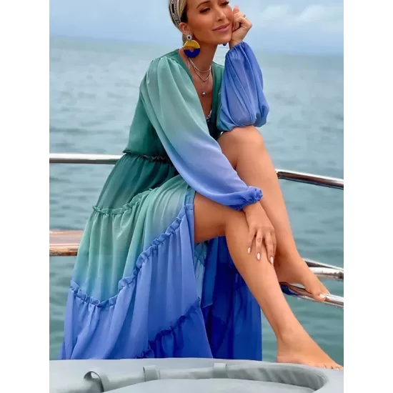 Long Sleeves Loose Bandage Color-Block Deep V-Neck Cover-Ups Swimwear Long Sleeves Loose Bandage Color-Block Deep V-Neck Cover-Ups Swimwear