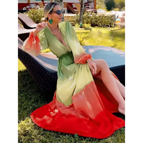 Long Sleeves Loose Bandage Color-Block Deep V-Neck Cover-Ups Swimwear Long Sleeves Loose Bandage Color-Block Deep V-Neck Cover-Ups Swimwear