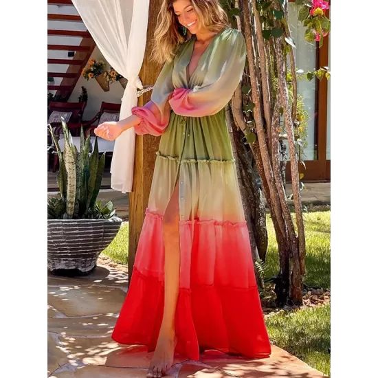 Long Sleeves Loose Bandage Color-Block Deep V-Neck Cover-Ups Swimwear Long Sleeves Loose Bandage Color-Block Deep V-Neck Cover-Ups Swimwear