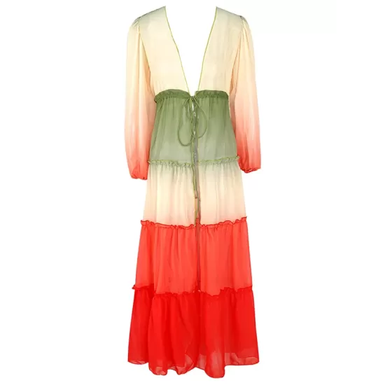 Long Sleeves Loose Bandage Color-Block Deep V-Neck Cover-Ups Swimwear Long Sleeves Loose Bandage Color-Block Deep V-Neck Cover-Ups Swimwear