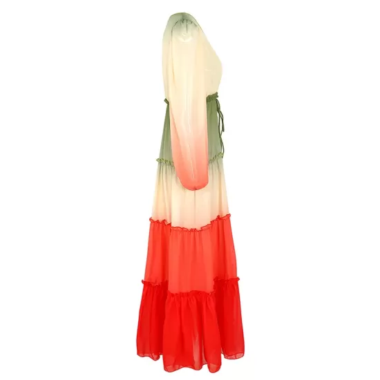 Long Sleeves Loose Bandage Color-Block Deep V-Neck Cover-Ups Swimwear Long Sleeves Loose Bandage Color-Block Deep V-Neck Cover-Ups Swimwear