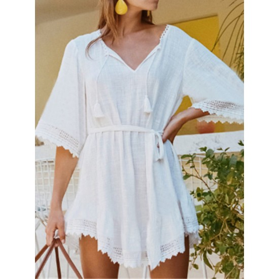 Irregular Clipping Lace-Up Half Sleeves Cover-Ups Tops Irregular Clipping Lace-Up Half Sleeves Cover-Ups Tops
