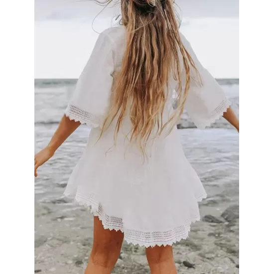 Irregular Clipping Lace-Up Half Sleeves Cover-Ups Tops Irregular Clipping Lace-Up Half Sleeves Cover-Ups Tops