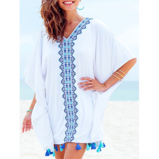 Printed Batwing Sleeves Tasseled Cover-up Printed Batwing Sleeves Tasseled Cover-up
