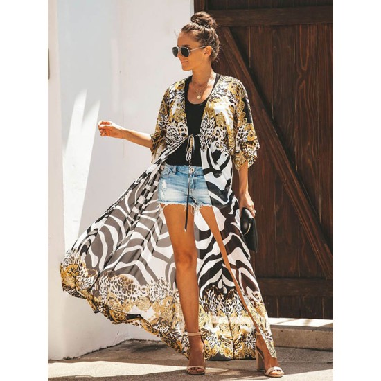 Chiffon Leopard&Zebra Short Sleeve Loose Cardigan Cover-Up Swimwear Chiffon Leopard&Zebra Short Sleeve Loose Cardigan Cover-Up Swimwear