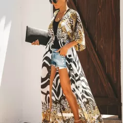 Chiffon Leopard&Zebra Short Sleeve Loose Cardigan Cover-Up Swimwear