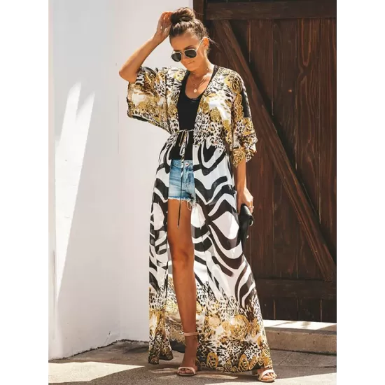 Chiffon Leopard&Zebra Short Sleeve Loose Cardigan Cover-Up Swimwear Chiffon Leopard&Zebra Short Sleeve Loose Cardigan Cover-Up Swimwear
