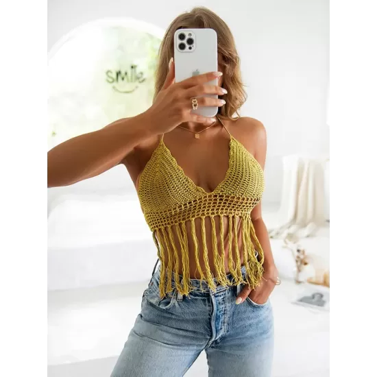 Halterneck V-Neck Cover-Ups Top Halterneck V-Neck Cover-Ups Top