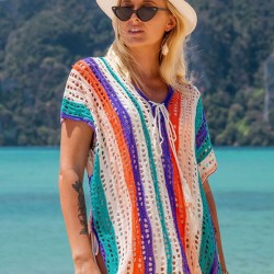 Loose Contrast Color Striped Hollow Split-Side Cover Up