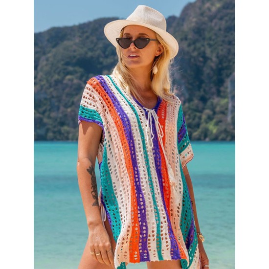 Loose Contrast Color Striped Hollow Split-Side Cover Up Loose Contrast Color Striped Hollow Split-Side Cover Up