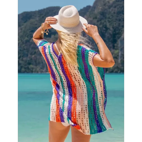 Loose Contrast Color Striped Hollow Split-Side Cover Up Loose Contrast Color Striped Hollow Split-Side Cover Up