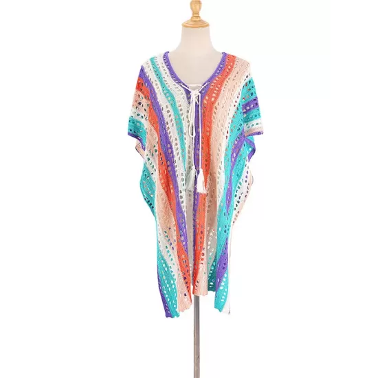 Loose Contrast Color Striped Hollow Split-Side Cover Up Loose Contrast Color Striped Hollow Split-Side Cover Up