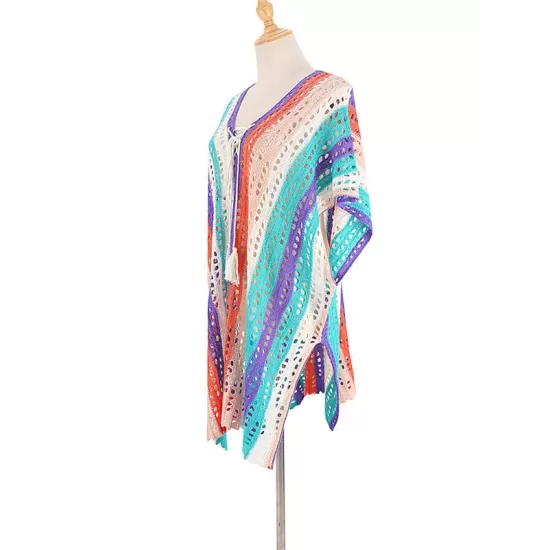 Loose Contrast Color Striped Hollow Split-Side Cover Up Loose Contrast Color Striped Hollow Split-Side Cover Up