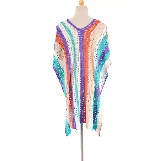 Loose Contrast Color Striped Hollow Split-Side Cover Up Loose Contrast Color Striped Hollow Split-Side Cover Up