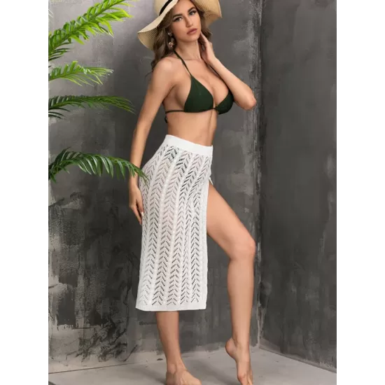 Knitted Solid Color Hollow See-Through Split-Side Cover-Up Swimwear Knitted Solid Color Hollow See-Through Split-Side Cover-Up Swimwear