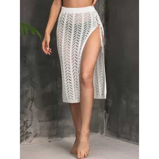 Knitted Solid Color Hollow See-Through Split-Side Cover-Up Swimwear Knitted Solid Color Hollow See-Through Split-Side Cover-Up Swimwear
