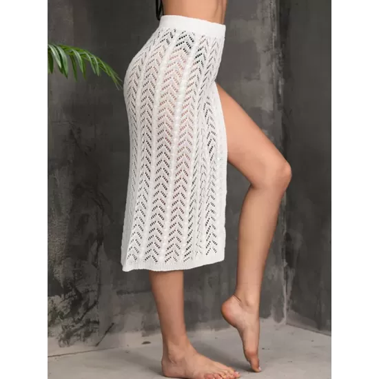 Knitted Solid Color Hollow See-Through Split-Side Cover-Up Swimwear Knitted Solid Color Hollow See-Through Split-Side Cover-Up Swimwear