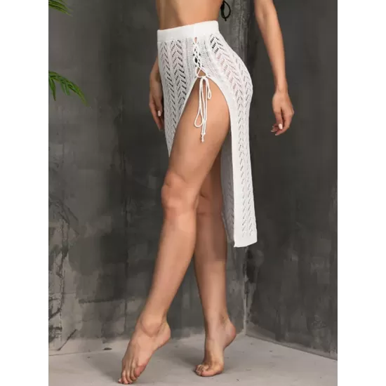 Knitted Solid Color Hollow See-Through Split-Side Cover-Up Swimwear Knitted Solid Color Hollow See-Through Split-Side Cover-Up Swimwear
