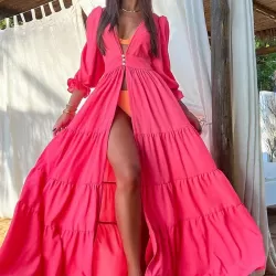 Flared Sleeves High-Low Bandage See-Through Solid Color Deep V-Neck Cover-Ups Swimwear